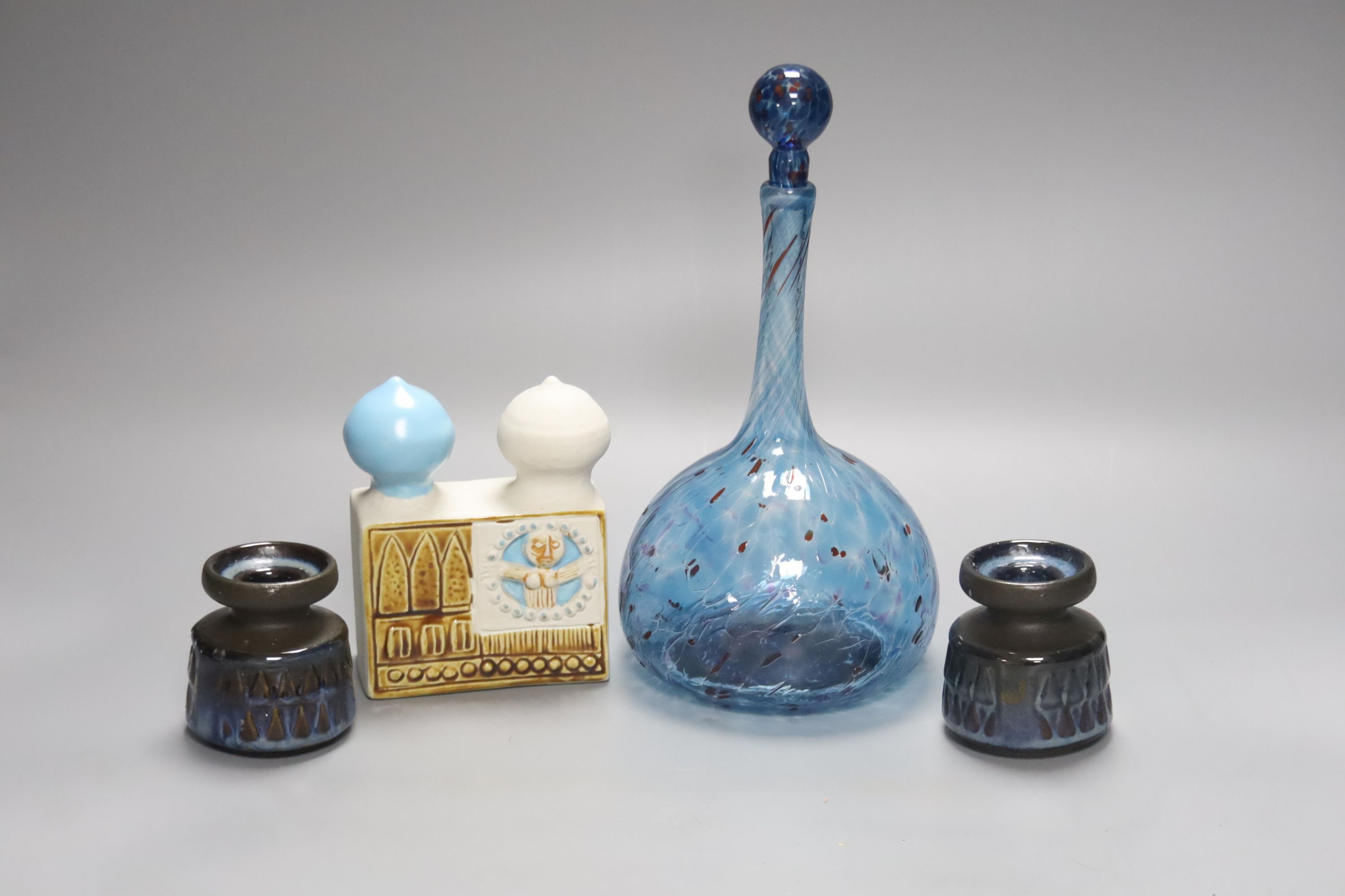 An art glass decanter and stopper, a Gustavsberg Bagdad model and two Scandinavian pots, tallest 25cm